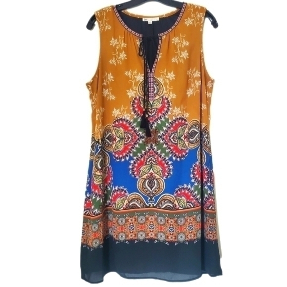 DR2 Daniel Rainn Split Neck Sleeveless Shift Dress with Tassels and Embroidery
